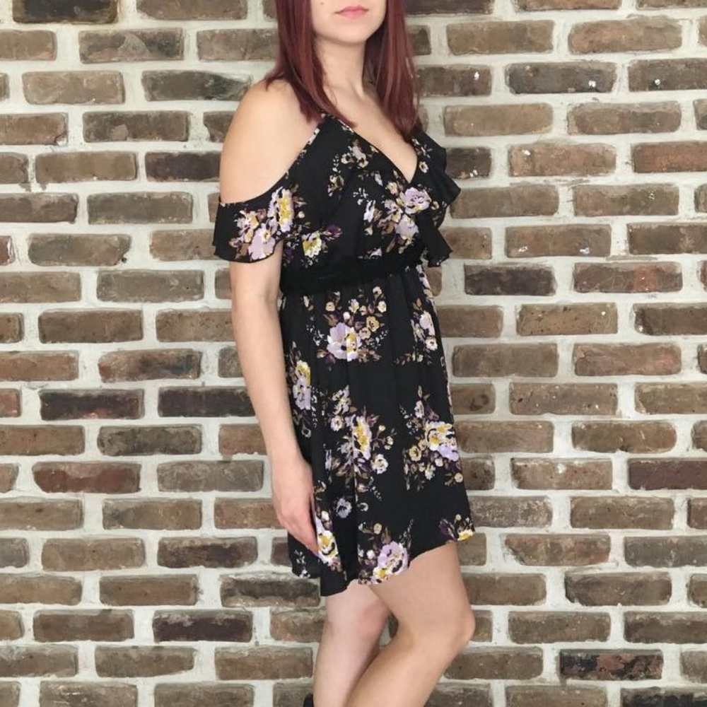 Purple Snow Black Floral Mini Party Dress Sz M - Picture 2 of 5